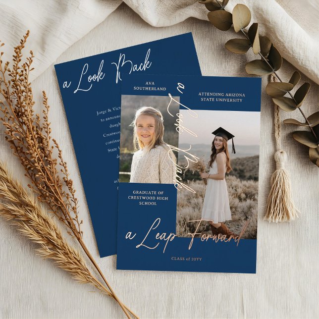 Con Relieve Metalizado Invitación de graduación entonces y ahora de Colla (Graduation Then & Now Photo Collage Blue Announcement)