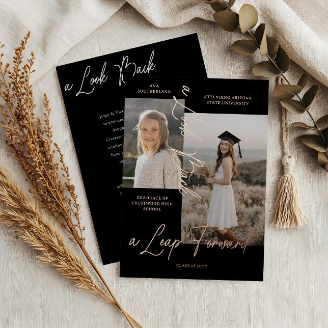 Con Relieve Metalizado Invitación de graduación entonces y ahora de Colla (Graduation Then & Now Photo Collage Black Announcement)