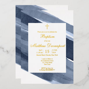 Con Relieve Metalizado Invitación de Hoja de Oro Azul para Bautizo de Niñ