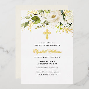 Con Relieve Metalizado Invitación de Hoja de Oro Blanca Floral para Bauti