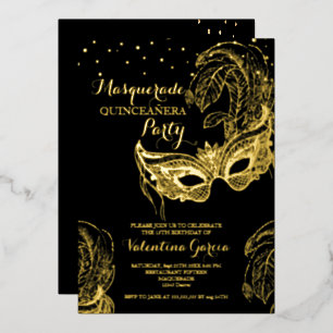 Con Relieve Metalizado Invitación de lujo dorada para Quinceañera de másc
