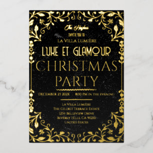 Con Relieve Metalizado Invitación de Navidad de lujo y glamour en negro y