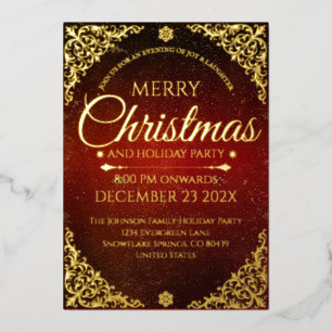 Con Relieve Metalizado Invitación de Navidad elegante de oro rojo y terci