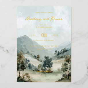 Con Relieve Metalizado Invitación de paisaje sereno de acuarela