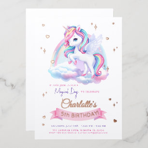 Con Relieve Metalizado Invitación de papel de aluminio Cumpleaños Unicorn