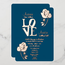 Con Relieve Metalizado Invitación de papel de aluminio dorado y azul flor