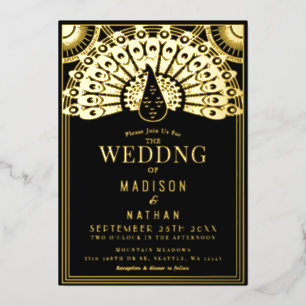 Con Relieve Metalizado Invitación de papel de boda de pavo real Art Deco