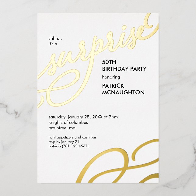 Con Relieve Metalizado Invitación de papel de oro para fiesta sorpresa (Anverso)