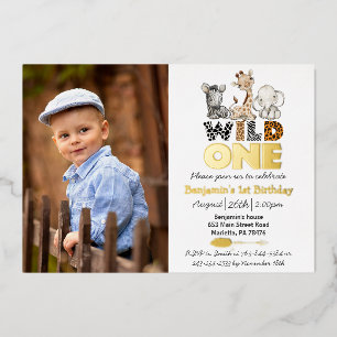 Con Relieve Metalizado Invitación de papel de oro real Jungle Wild One