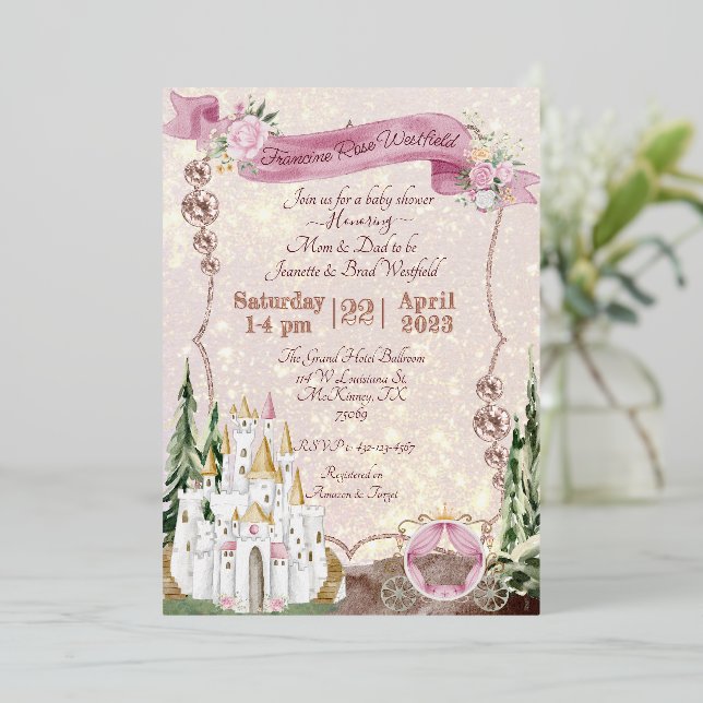 Con Relieve Metalizado Invitación de Princesa Rose Gold (Anverso de pie)
