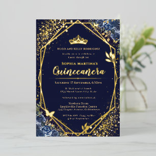 Con Relieve Metalizado invitación de Quinceañera de azul marino y pan de