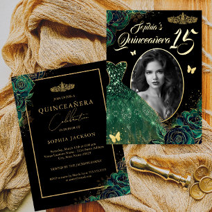 Con Relieve Metalizado Invitación de Quinceañera de Oro Esmeralda Verde 1