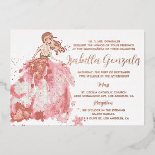 Con Relieve Metalizado Invitación de Quinceañera de Vestido de Brillo de 