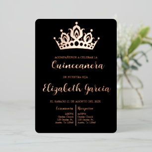 Con Relieve Metalizado Invitación de quinceañera en negro y dorado rosa