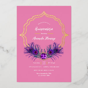 Con Relieve Metalizado Invitación de Quinceañera Floral de Pavo Real Rosa