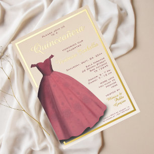 Con Relieve Metalizado Invitación de quinceañera vestido rojo de mis quin