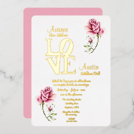 Con Relieve Metalizado Invitación de Rosa de Acuarela Rosa y Hoja de Oro