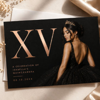 Con Relieve Metalizado Invitación Editorial Quinceañera Rose Gold XV