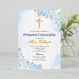 Con Relieve Metalizado Invitación española de Blue Floral Bautizo