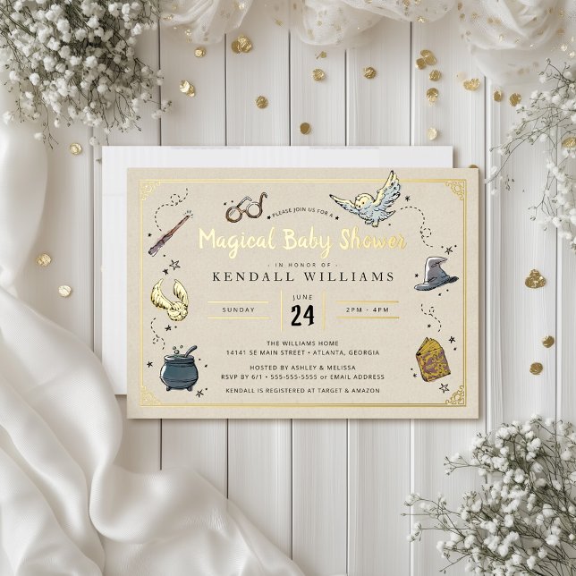 Con Relieve Metalizado Invitación para Baby Shower de Harry Potter (Invitation simulated on table)