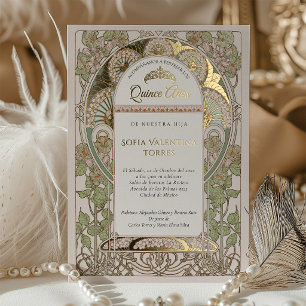 Con Relieve Metalizado Invitación Quinceañera Española Verde Sage Polvo R