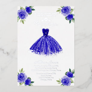 Con Relieve Metalizado Invitación Quinceañera Vestido Floral Azul Real