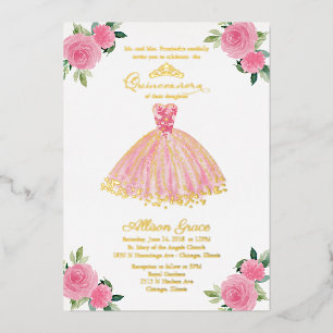 Con Relieve Metalizado Invitación Quinceañera Vestido Floral Rosa Calient