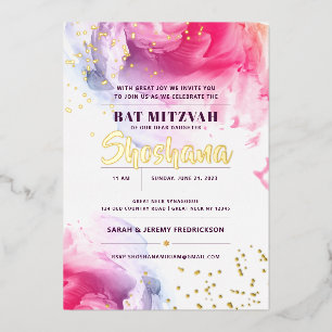 Con Relieve Metalizado Invitación REAL de Bat Mitzvah Watercolor Purpurin