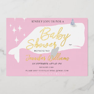 Con Relieve Metalizado Invitación rosa para baby shower de niña ballena b