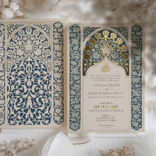 Con Relieve Metalizado Lujo Invitación de Boda de Encaje Islámico Azul Po
