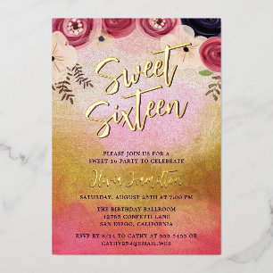Con Relieve Metalizado Moda Acuarela Floral Dulce 16 Invitación al Reliev