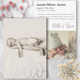 Con Relieve Metalizado Modern Silver Text Hello Photo Baby Invitación