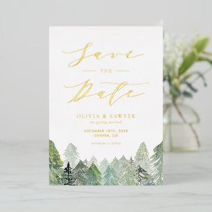 Con Relieve Metalizado Paisaje de hoja perenne nevado Invitación de boda