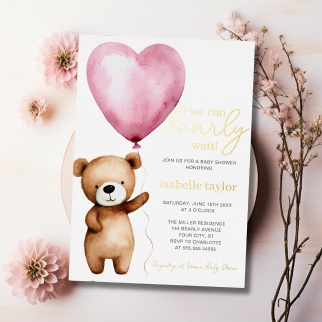 Con Relieve Metalizado Podemos esperar la invitación de Baby Shower Chica (We Can Bearly Wait Girl Baby Shower Invitation Foil Invitation | front)