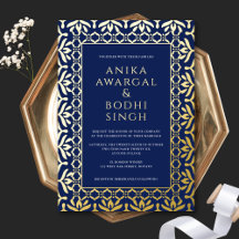 Preciosa Invitación de Boda India Ornamentada Azul