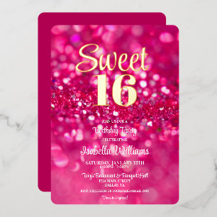 Con Relieve Metalizado Purpurina rosa caliente Glam Sweet 16 Invitación d