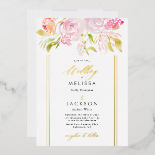 Con Relieve Metalizado Ramo de rosas en acuarela Invitación de boda