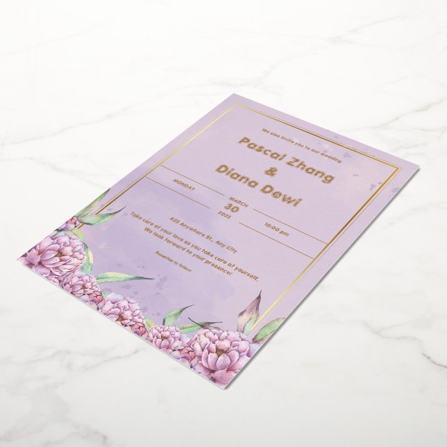 Con Relieve Metalizado Retrato de invitación a matrimonio simple púrpura (girado)