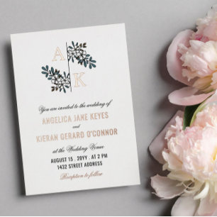 Con Relieve Metalizado Rosa Invitación a Boda de Monograma Blanco Floral