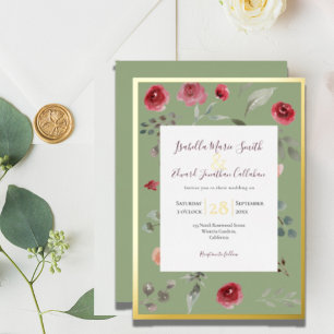 Con Relieve Metalizado Rosas Burgundy Verde Salvia Elegantes Invitación c