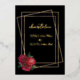 Con Relieve Metalizado Rosas Glam de Rojo y Invitación de Hoja de Oro y N