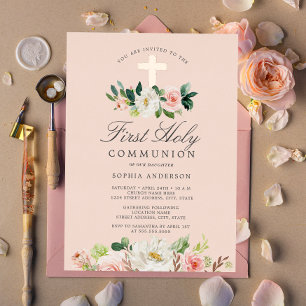Con Relieve Metalizado Rubor Rosa Oro Invitación Floral Primera Comunión