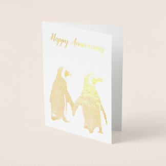 Con Relieve Metalizado Tarjeta de Aniversario de la Pareja Pingüino