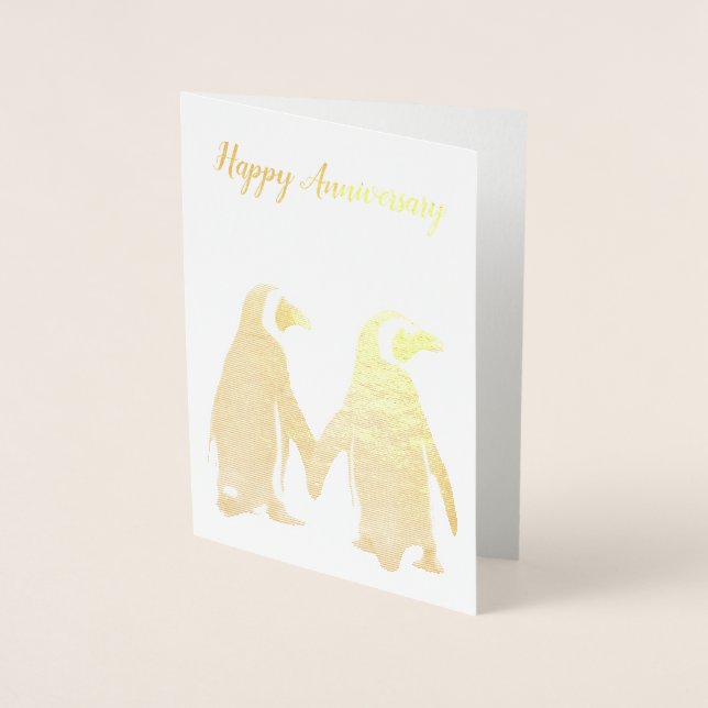 Con Relieve Metalizado Tarjeta de Aniversario de la Pareja Pingüino (Anverso)
