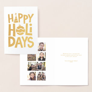 Con Relieve Metalizado Tarjeta de collage de fotos de Gold Happy Holidays