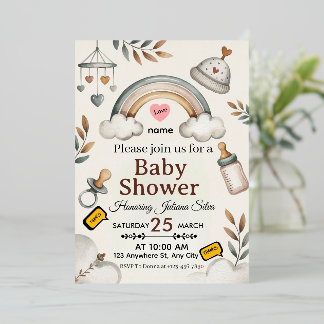 Con Relieve Metalizado "Tarjeta de Invitación de Baby Shower de Eucalipto