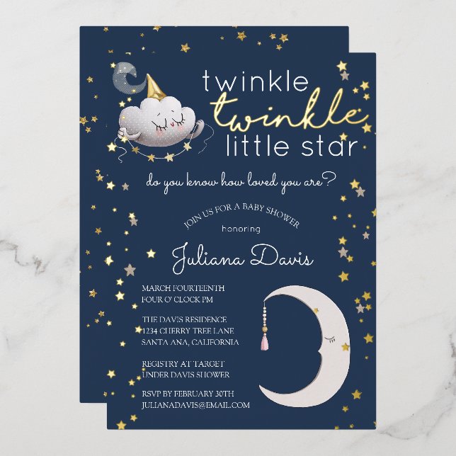 Con Relieve Metalizado Twinkle Twinkle Invitación Baby Shower a Little St (Anverso/Reverso)