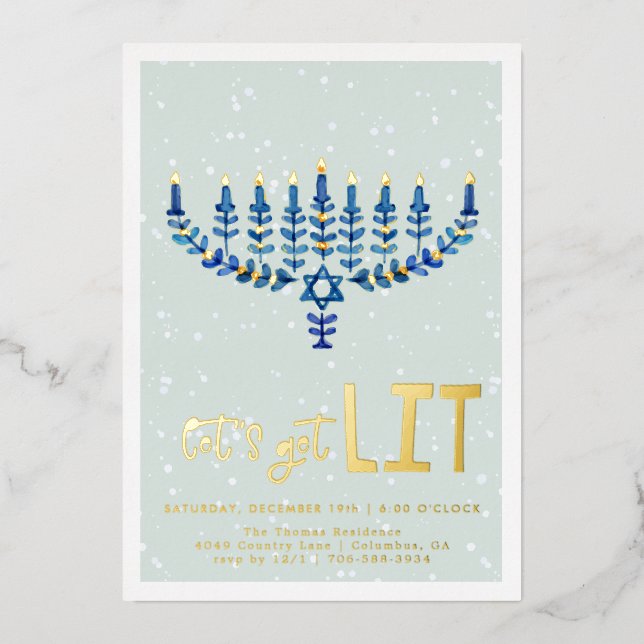 Con Relieve Metalizado Vamos a encender | Invitación de Hanukkah Party (Anverso)