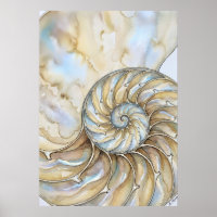 Concha de Nautilus Acuarela Espiral Dorada Arte Oc
