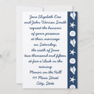 Conchas de Verano en Invitación de Boda Azul Marin